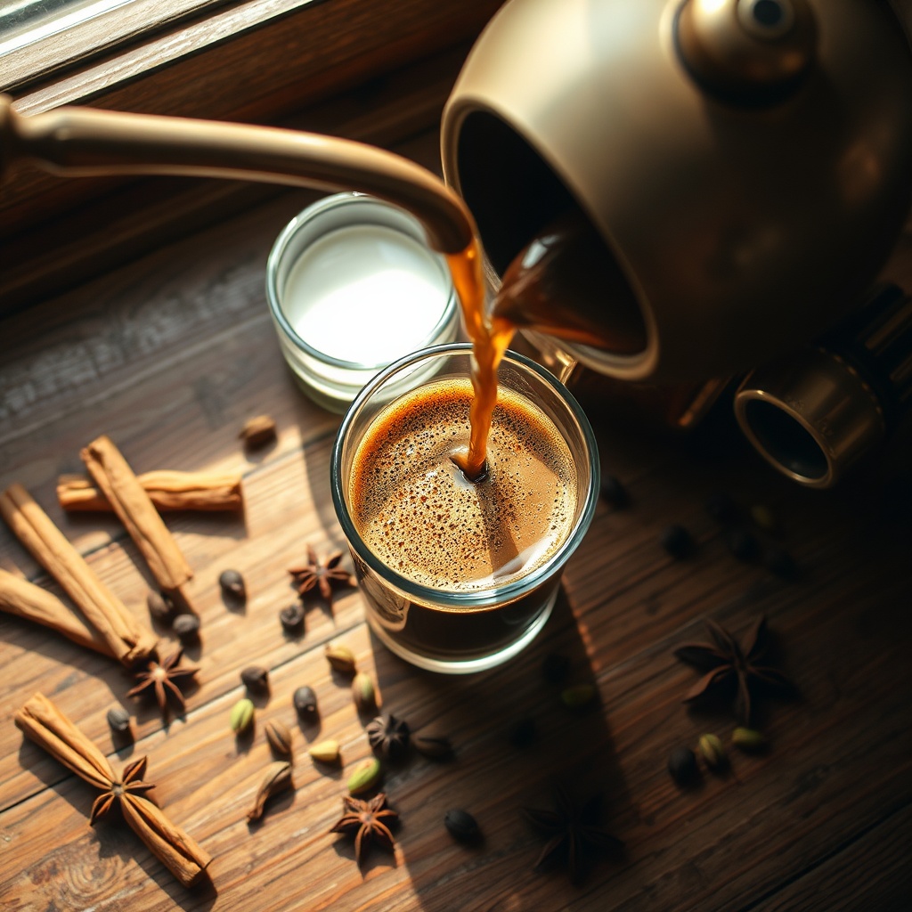 Pouring spiced Moroccan coffee for mornings from a cezve into a glass with cinnamon, cardamom, and frothed milk on a rustic table