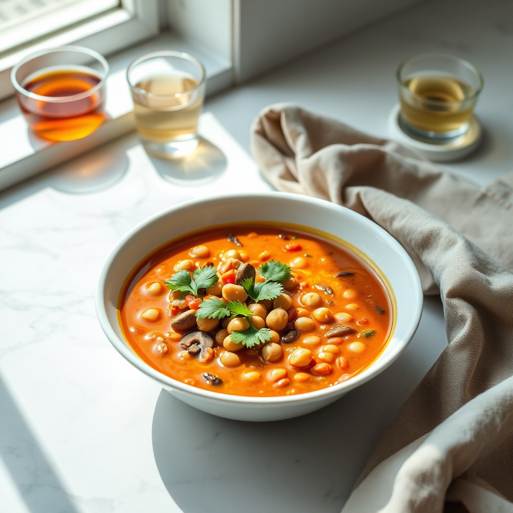 Modern vegetarian Moroccan Harira Soup with mushrooms and chickpeas presented in a minimalist white ceramic bowl
