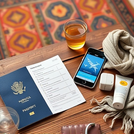 Morocco travel essentials packing checklist with passport and scarf