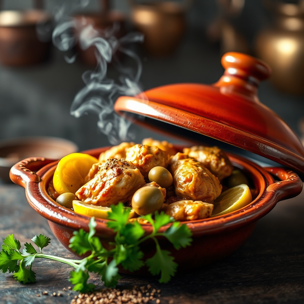Close-up detail of must-try Moroccan dish chicken tagine with preserved lemon and olives showing slow-cooked texture and spices.