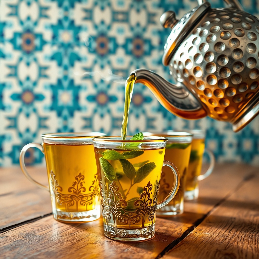 Silver teapot pouring amber-green tea demonstrates the traditional brewing ritual and proper steeping technique required to preserve catechins and realize the full spectrum of moroccan mint tea health benefits.
