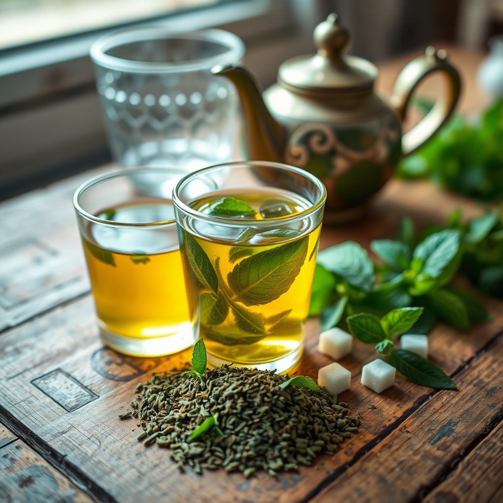Ingredients for a classic Moroccan mint tea recipe including gunpowder green tea, fresh spearmint, and sugar cubes beside a brewed glass