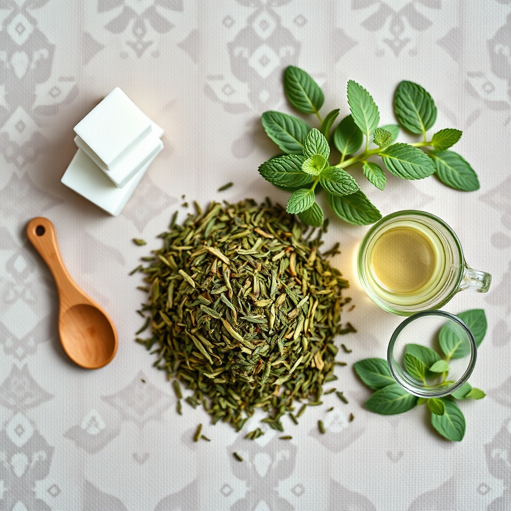 Flat lay of ingredients for an authentic Moroccan tea recipe including gunpowder green tea leaves, fresh spearmint, sugar cubes, and a glass cup.