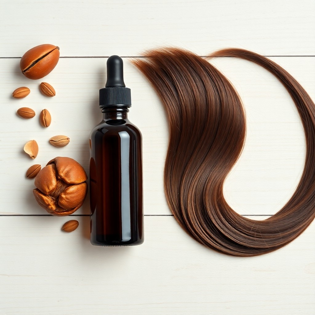 Amber bottle of pure argan oil and shiny hair displaying Argan Oil Benefits for Skin and Hair repair and strength