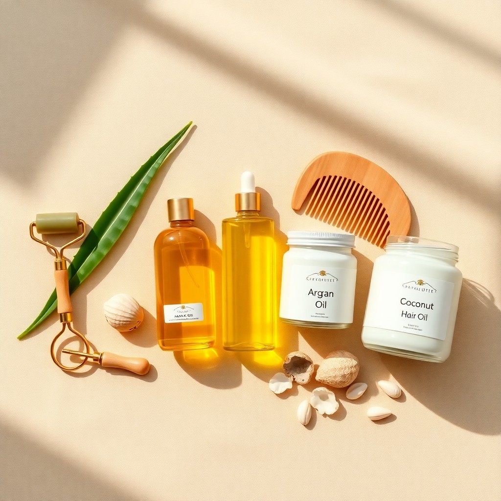 A wellness flatlay featuring Argan oil with skincare tools and Coconut oil with hair accessories, helping viewers choose which is better for their personal routine.