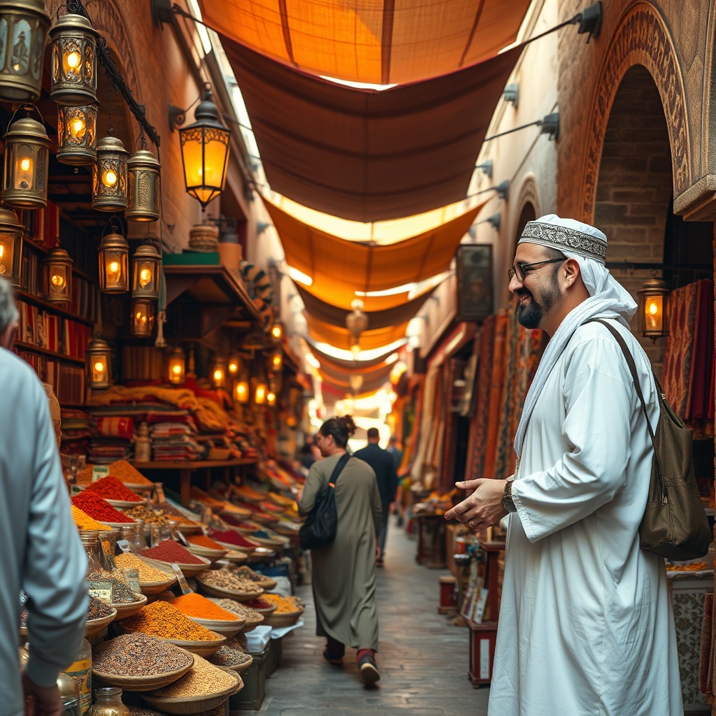 The cultural significance of Moroccan lifestyle and hospitality depicted in a bustling souk where a gracious host welcomes a visitor amid vibrant market stalls and traditional architecture