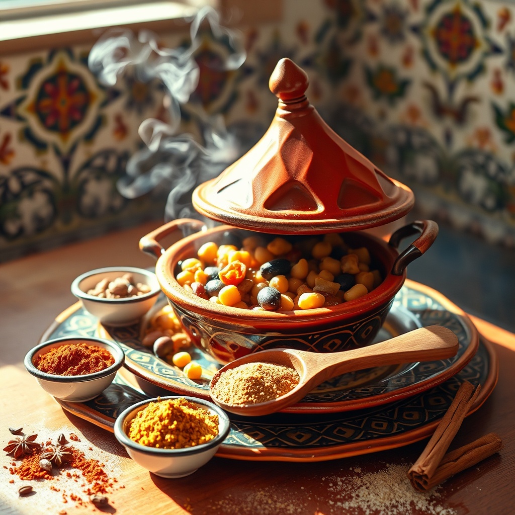 A traditional Moroccan tagine stew served with a selection of ground spices including cumin and paprika, illustrating how the best Moroccan spices are used to create authentic, flavorful dishes