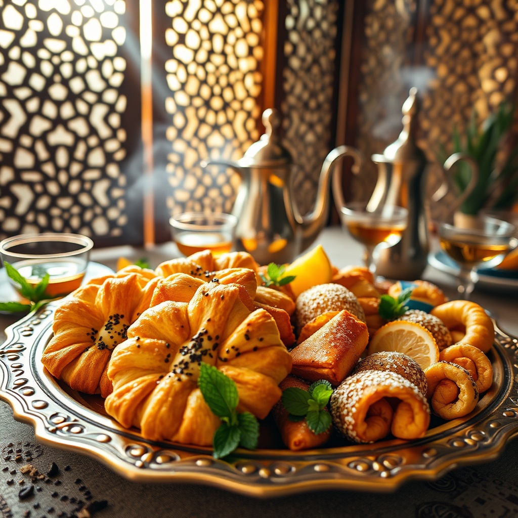 Traditional Moroccan celebration spread featuring the difference between Chebakia vs Briouats pastries served alongside mint tea and citrus, ideal for understanding seasonal dessert pairings and authentic cultural serving customs.