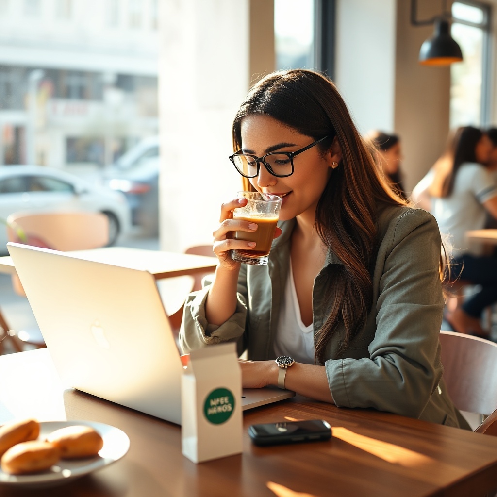 Young professional enjoying Moroccan Nos Nos coffee culture while working on a laptop at a trendy urban cafe.