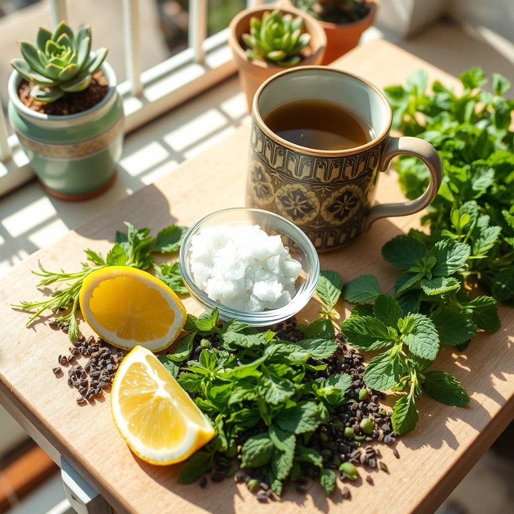Ingredients that drive Moroccan tea immunity benefits including green tea, spearmint, and a hint of sugar, shown in a bright, sunny composition promoting wellness