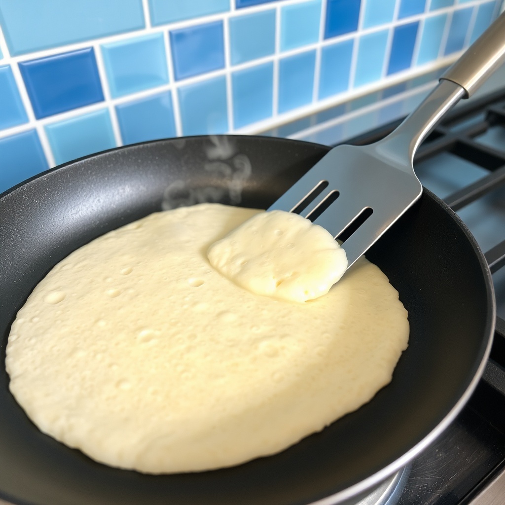 How to make Moroccan beghrir recipe: cooking semolina pancake on one side in a skillet with bubbles forming