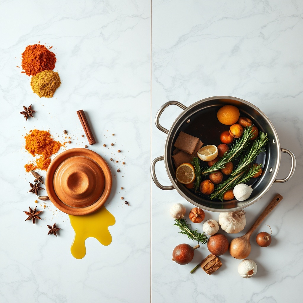 Overhead ingredient spread demonstrating the key differences between moroccan tagine vs french tagine preparations, pairing aromatic spices and preserved citrus with a traditional clay pot against French red wine, fresh herbs, and a heavy braising pan.