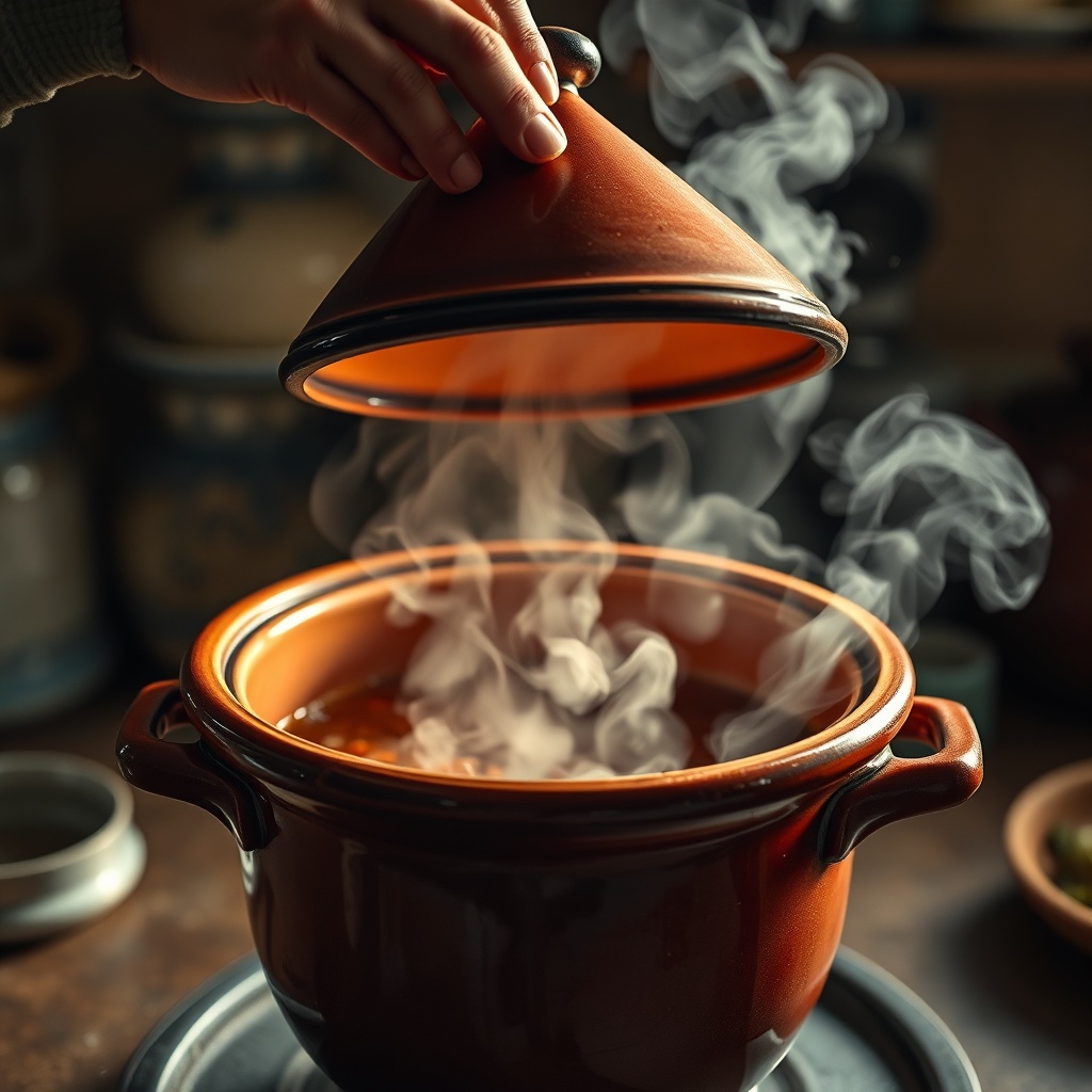 Steam rising from a clay pot as the lid is lifted to reveal authentic Moroccan tagine recipes slow-cooking inside.