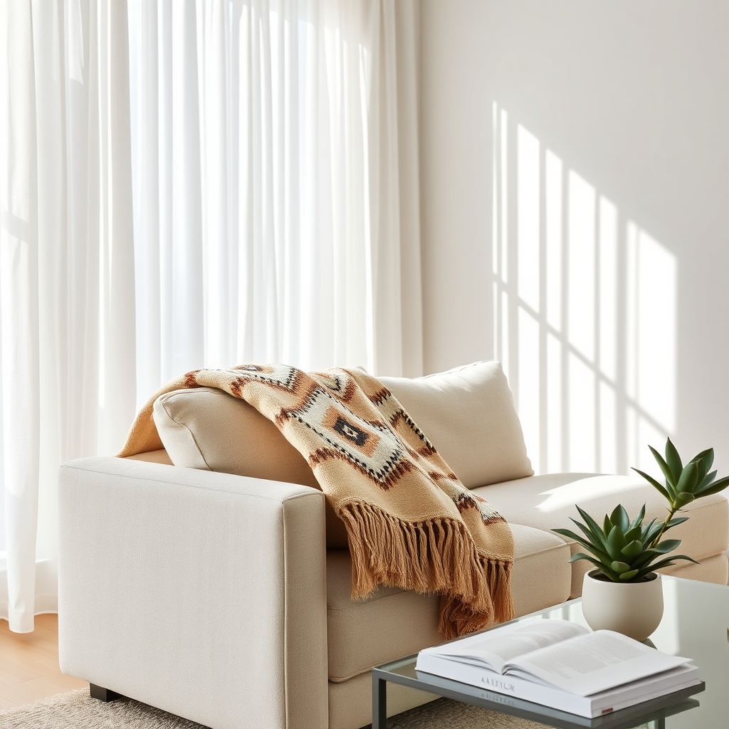 Modern living room styling tips for incorporating Moroccan blankets into contemporary minimalist home decor.