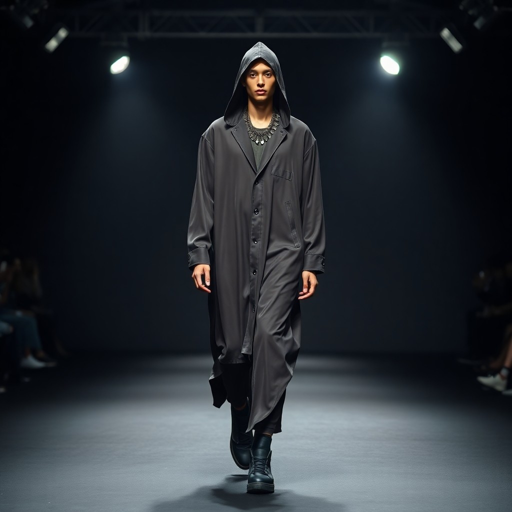 What is a Moroccan Djellaba? A fashion runway shows a modern, sleek charcoal djellaba with an angular hood, illustrating contemporary adaptations of the traditional Moroccan robe.