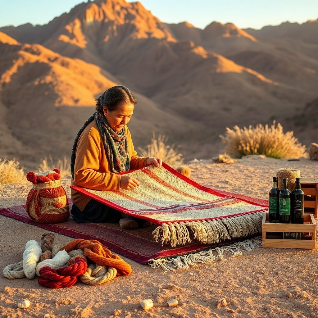 Artisan weaving a Berber rug with argan oil nearby, highlighting authentic Moroccan gifts and souvenirs to buy and traditional craftsmanship