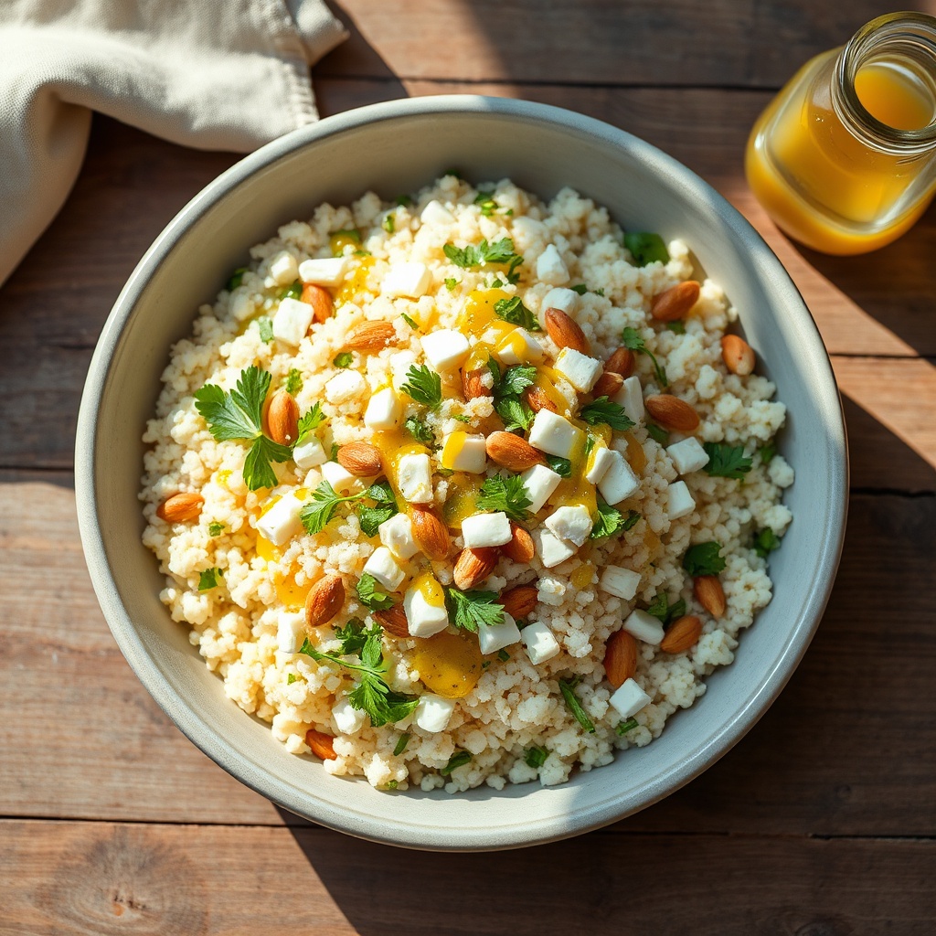 Finished couscous dish layered with fresh herbs and acid, illustrating how to make couscous taste better through proper seasoning.