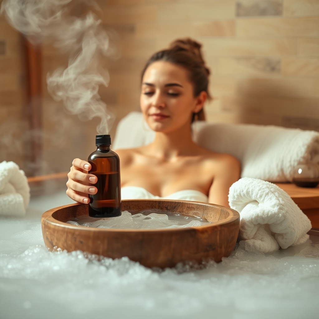 Organic Moroccan olive oil bottle set in a steam-filled bathroom for a luxurious hammam skincare routine.