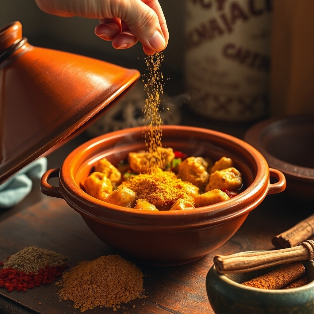Traditional Moroccan tagine being seasoned with aromatic spices, demonstrating how to use the top 5 Moroccan spices for cooking authentic North African cuisine.
