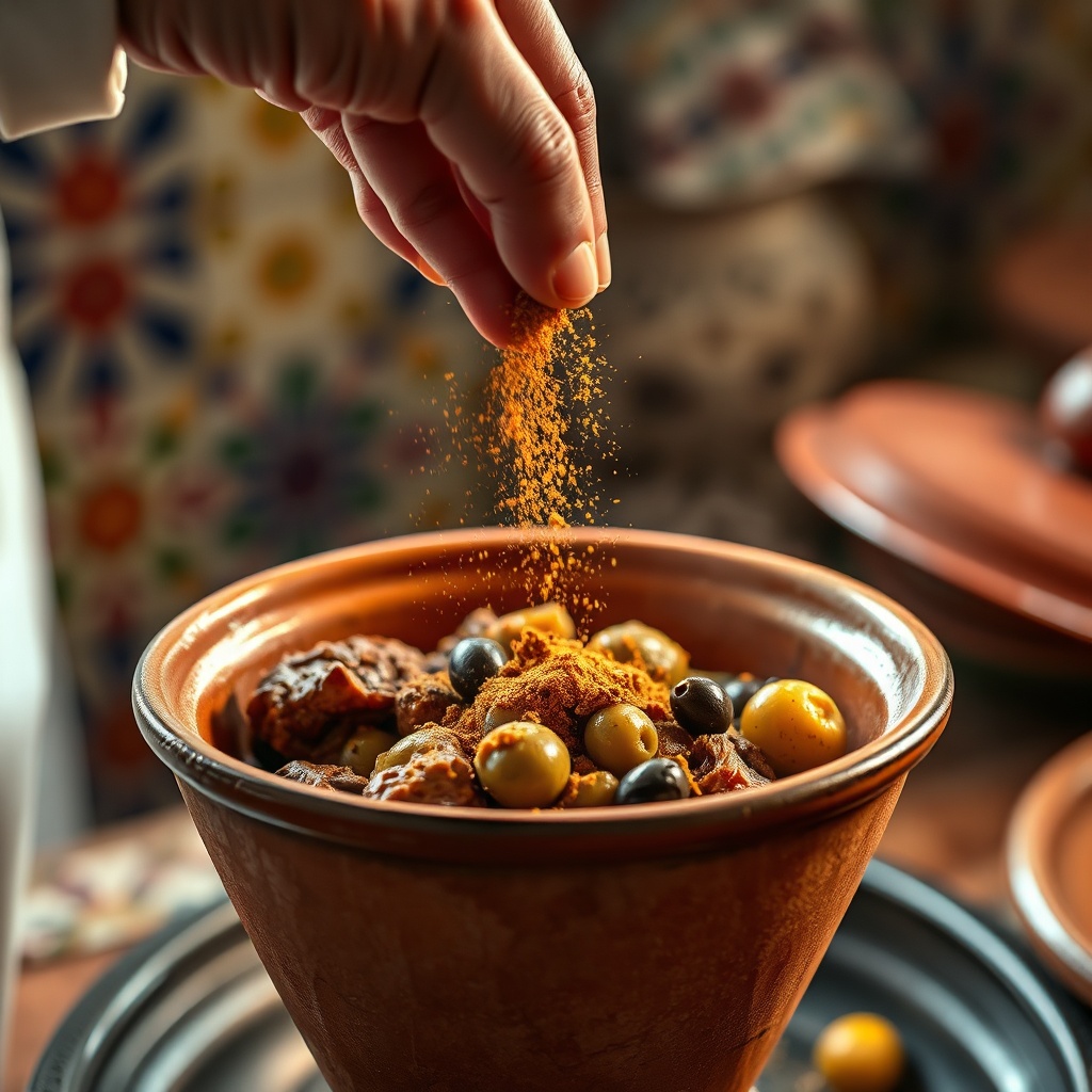 Seasoning a traditional tagine with spices from an essential Moroccan spices list, highlighting authentic culinary ingredients