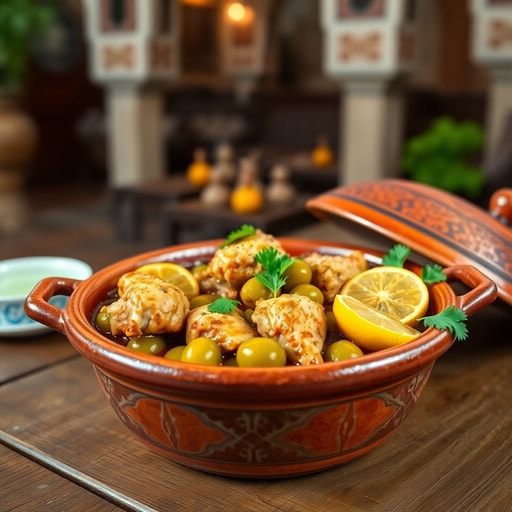 Traditional Moroccan chicken tagine with preserved lemons and olives served in a clay pot