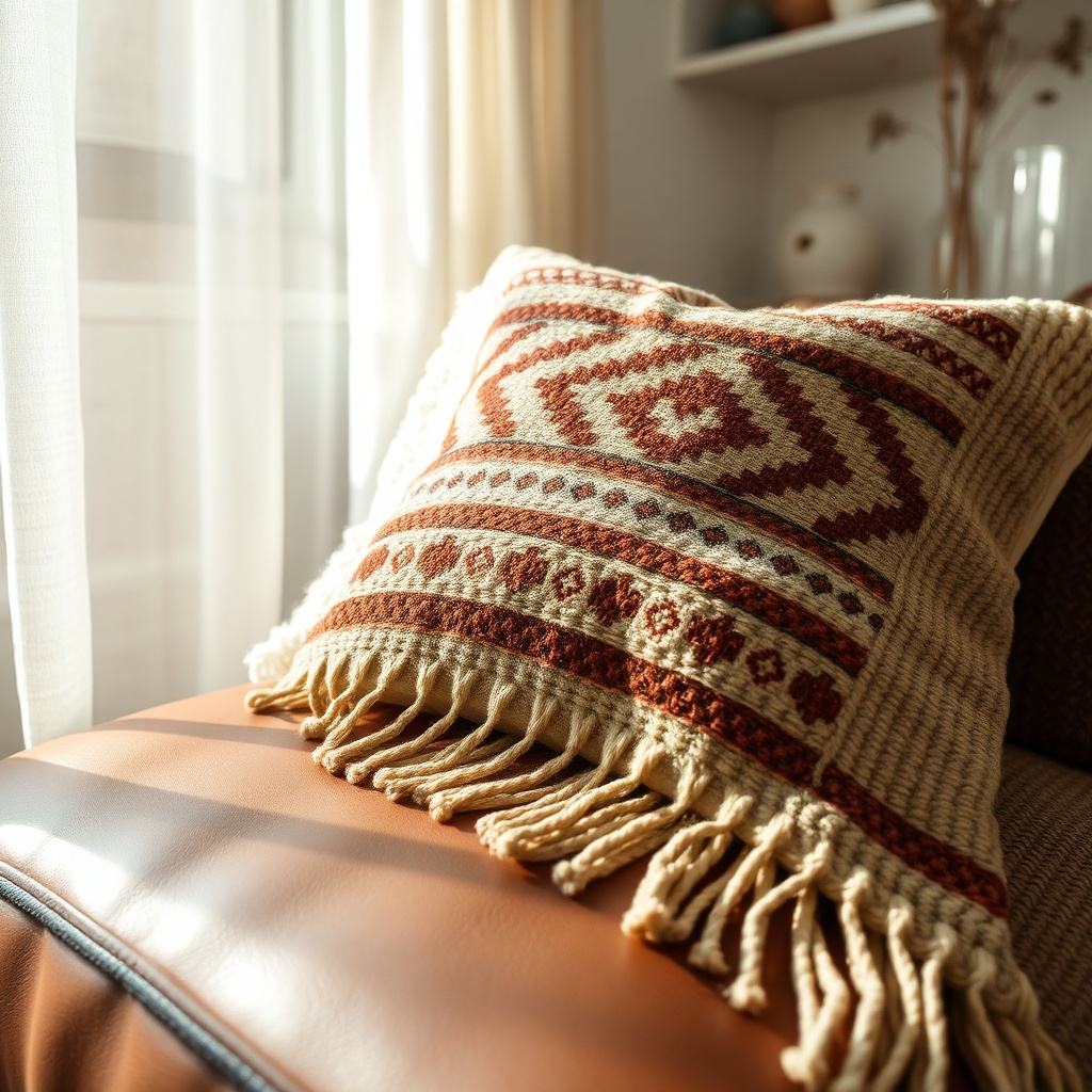 Expert tips on how to style handwoven Moroccan blanket by layering contrasting textures like chunky knits and smooth leather, highlighting the artisanal details for a cozy, textured interior.