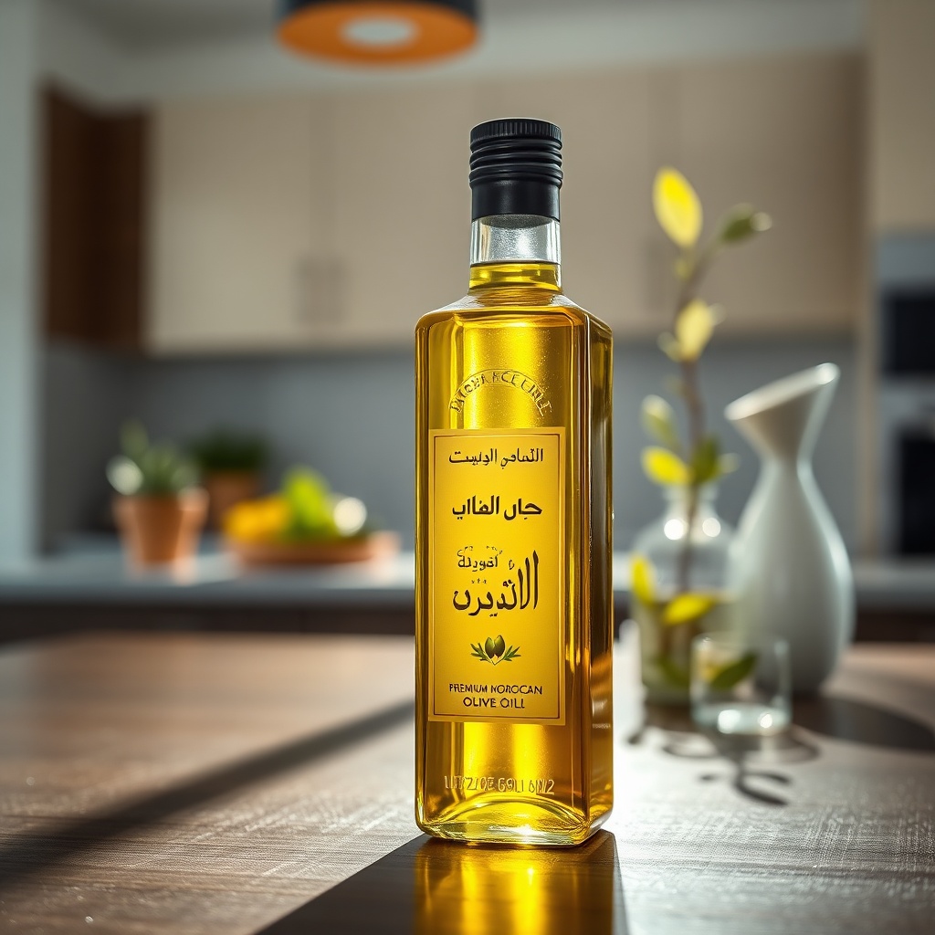 Premium Moroccan olive oil in a glass bottle with sunlight highlighting its golden hue, symbolizing pure health benefits of olive oil