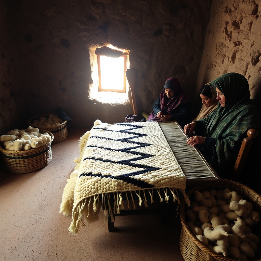 Berber women weaving a traditional Moroccan blanket in the Atlas Mountains, showcasing the artistry of Moroccan blanket brands