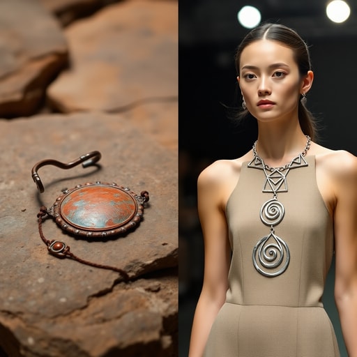 Comparison of ancient Berber metal artifacts and modern runway jewelry featuring traditional symbols