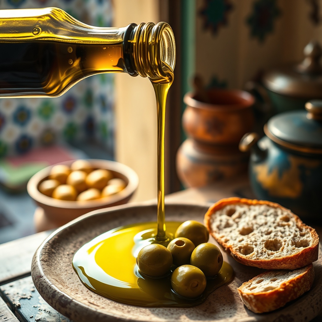 Authentic Moroccan olive oil tasting, where the best Moroccan olive oil is identified by its grassy bitterness and pungency, served with fresh olives and bread in a traditional setting.