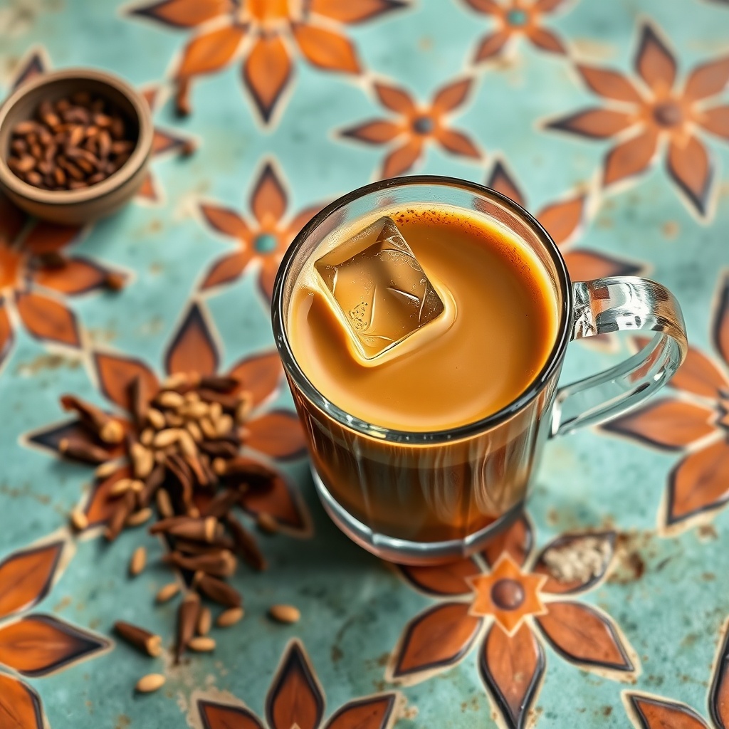 Moroccan coffee recipe served in a glass cup with sugar cube, surrounded by cardamom and sesame seeds on a Moroccan tile background