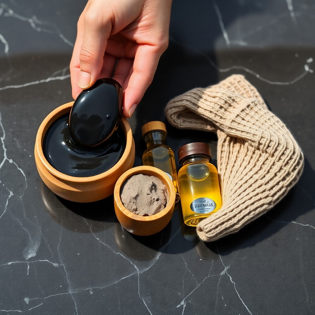 Close up of Moroccan black soap, ghassoul clay, and argan oil used for exfoliation in a DIY Moroccan Hammam Ritual at Home