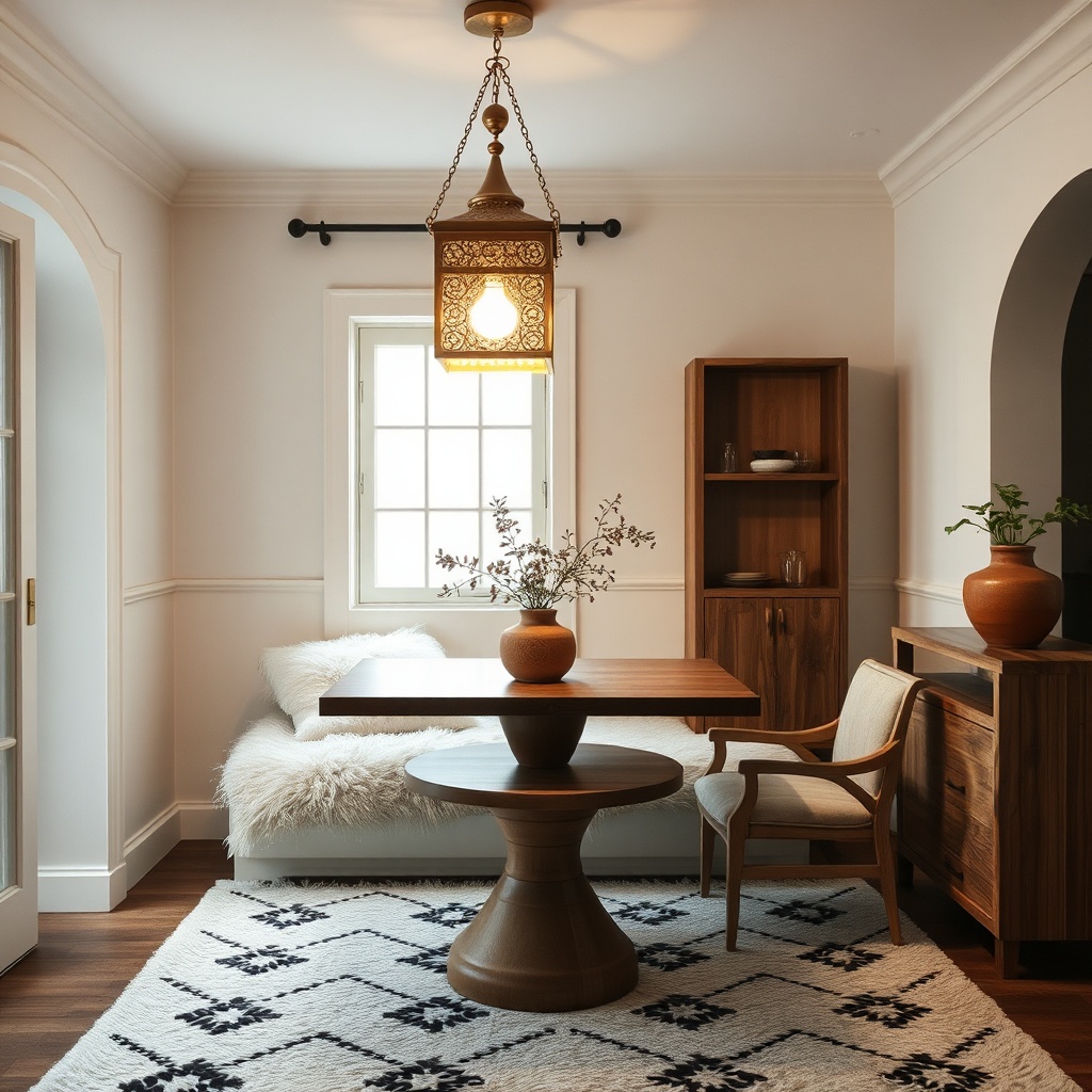 Handcrafted brass lantern and white Berber rug with geometric patterns showcasing sustainable materials in stylish Moroccan home decor.