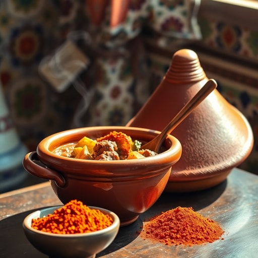 Moroccan lamb tagine dish garnished with Ras el Hanout spice blend served on a traditional table