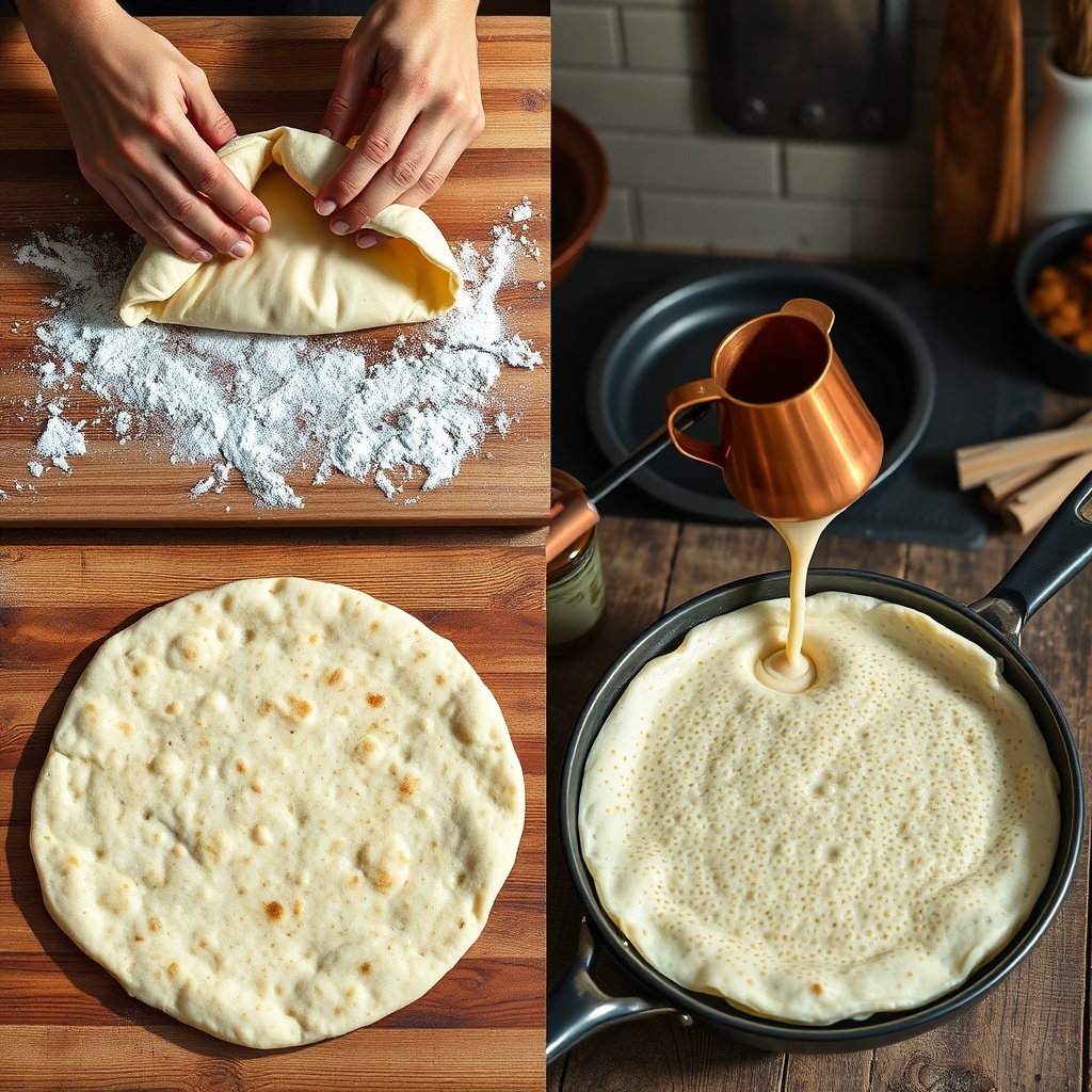 msemen vs baghrir preparation contrast showing laminated dough folding versus fermented batter cooking for authentic Moroccan flatbreads
