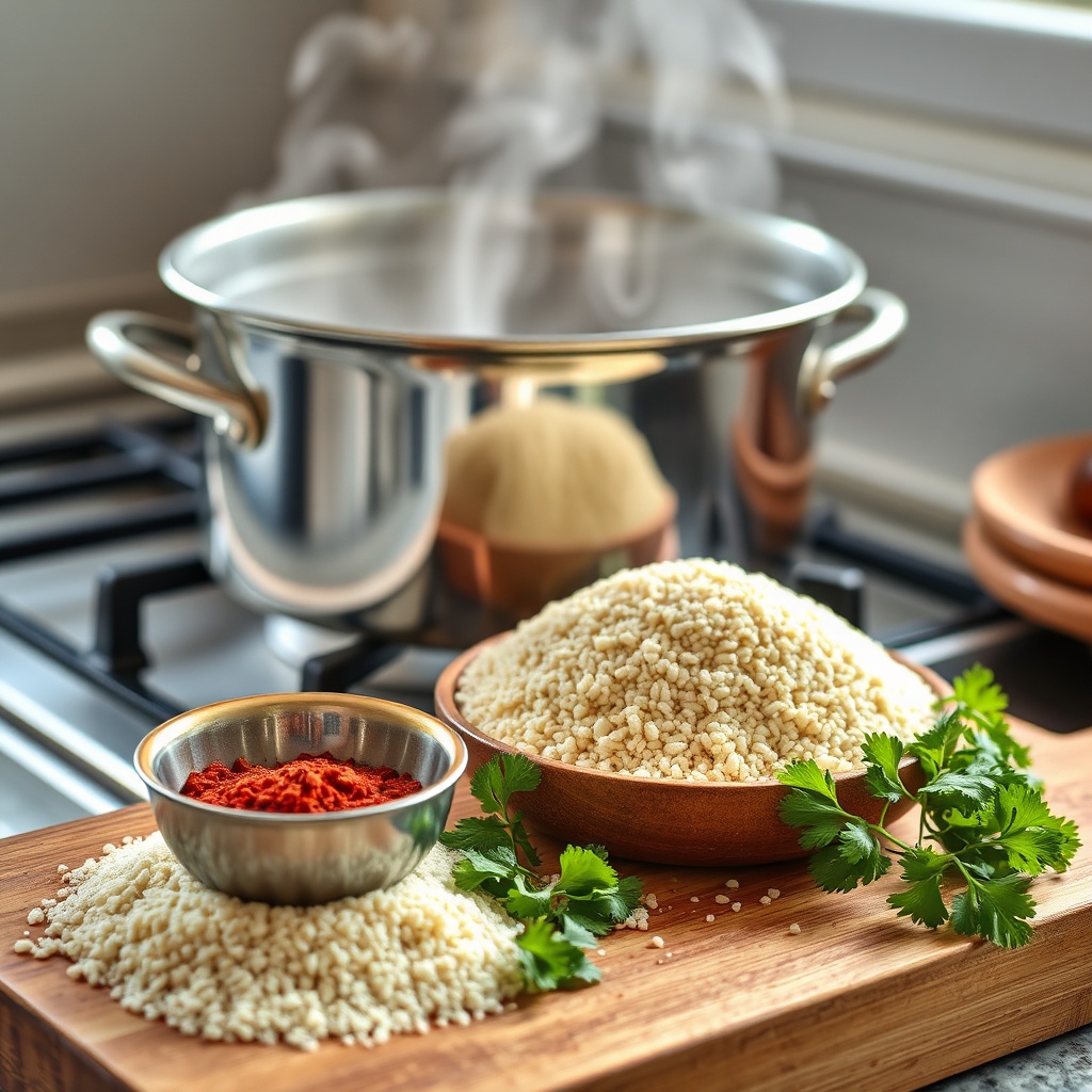 Traditional couscoussier pot and raw semolina ingredients used for preparing a classic Moroccan couscous recipe with aromatic spices.
