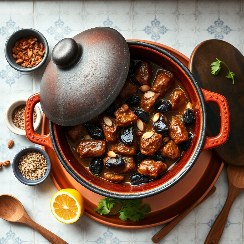 Moroccan tagine recipes can be made in a Dutch oven, featuring a beef and prune tagine with ras el hanout spices, preserved lemon, and almonds, ready to serve.