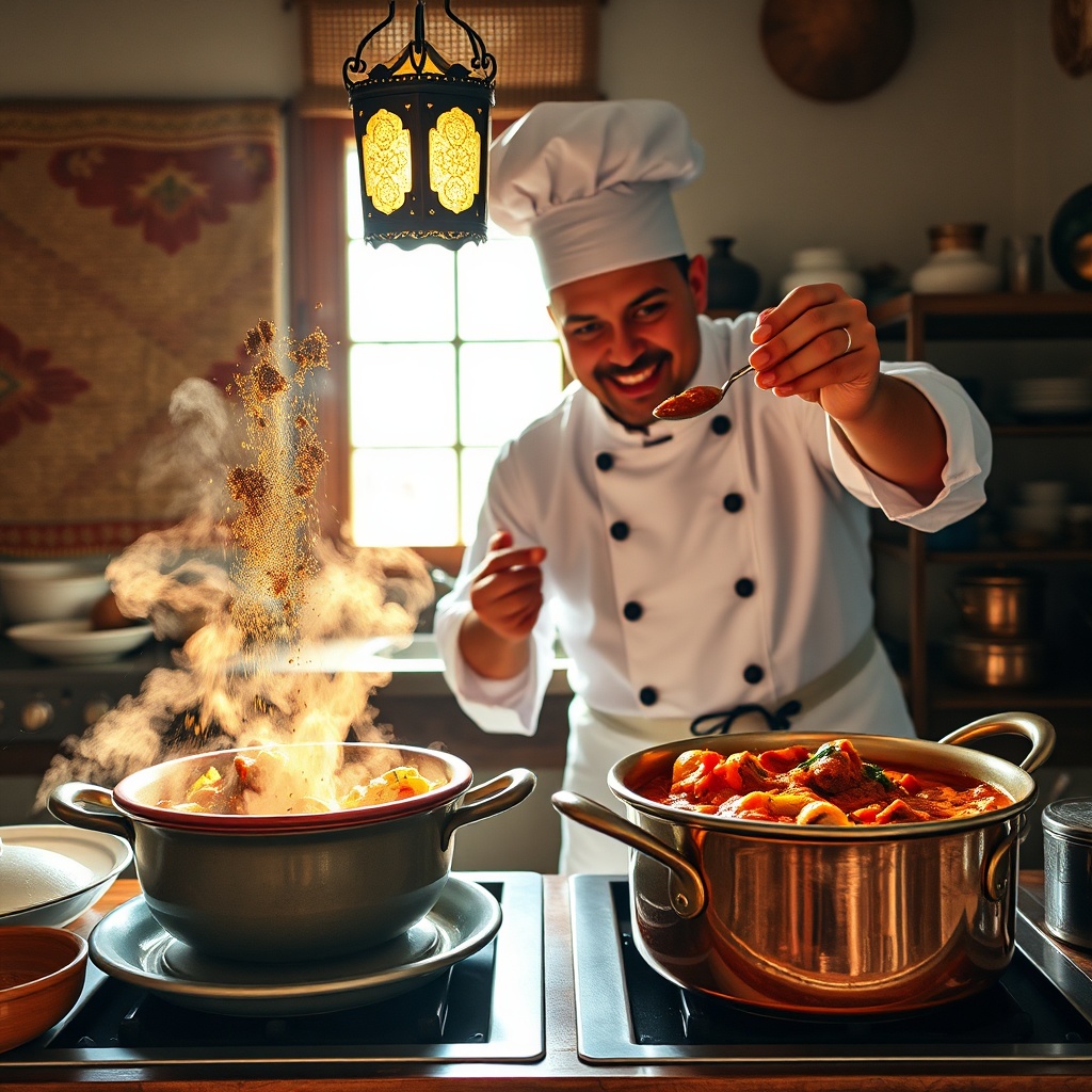 Chef demonstrating Moroccan spices vs Indian spices by adding ras el hanout to a tagine and garam masala to a curry in a vibrant kitchen