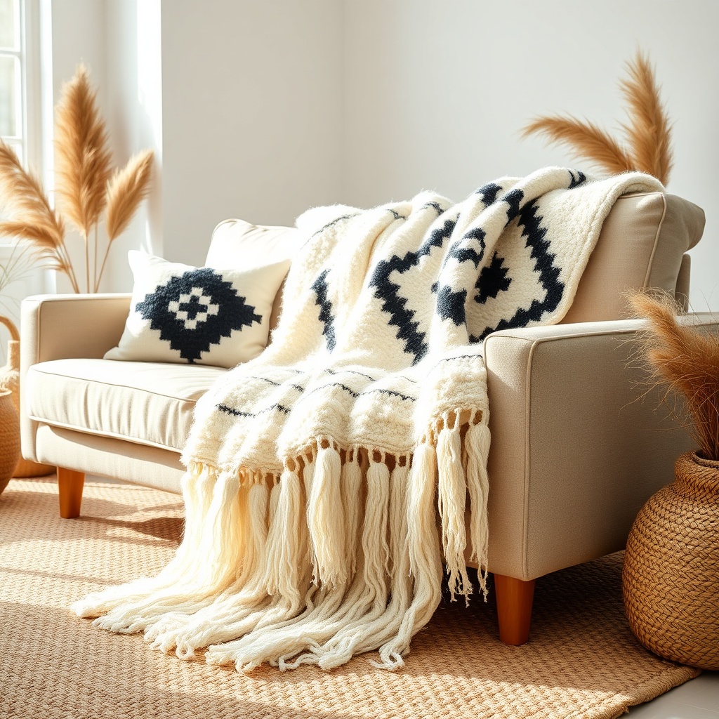 Ivory and black Beni Ourain handwoven Moroccan blankets with geometric diamond patterns draped over a linen sofa in a boho-minimalist living room featuring natural textures.
