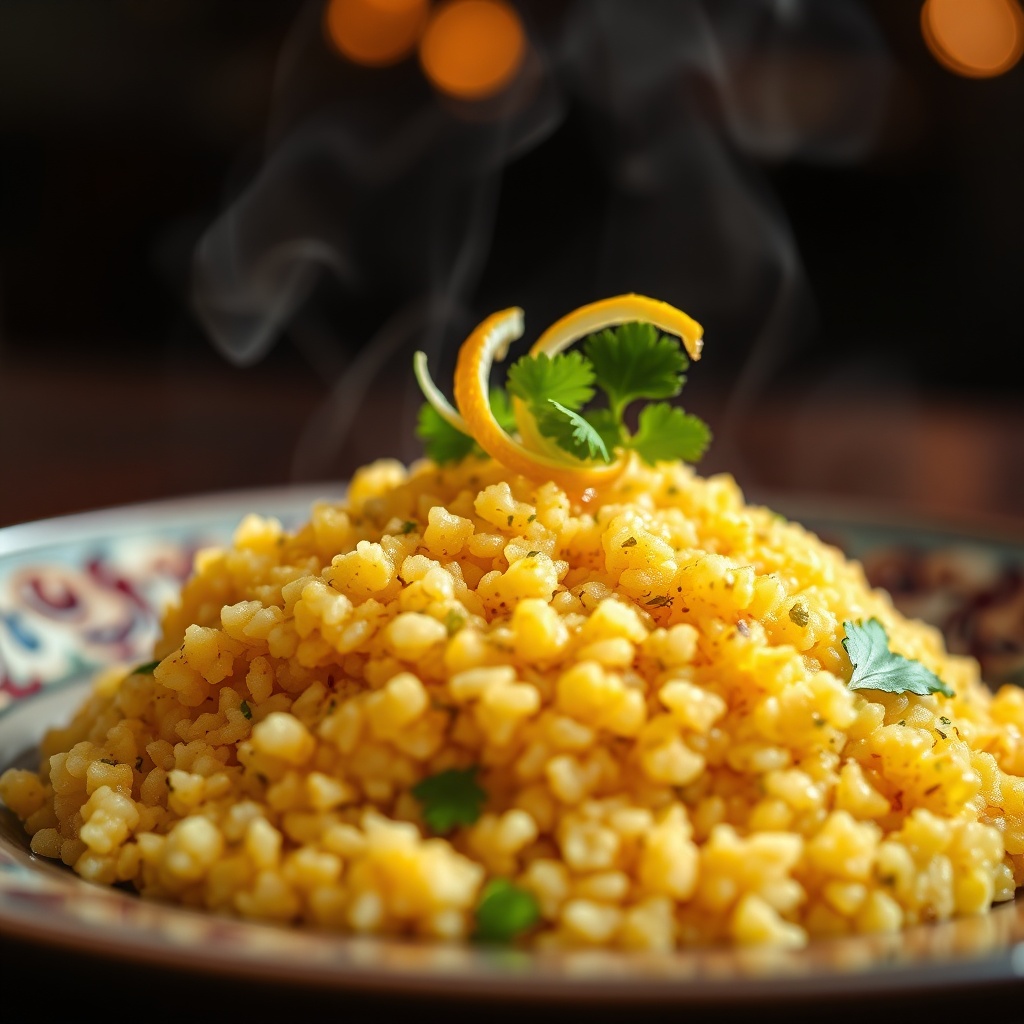 Close up of the best Moroccan couscous recipe showing fluffy steamed grains garnished with fresh herbs and preserved lemon.