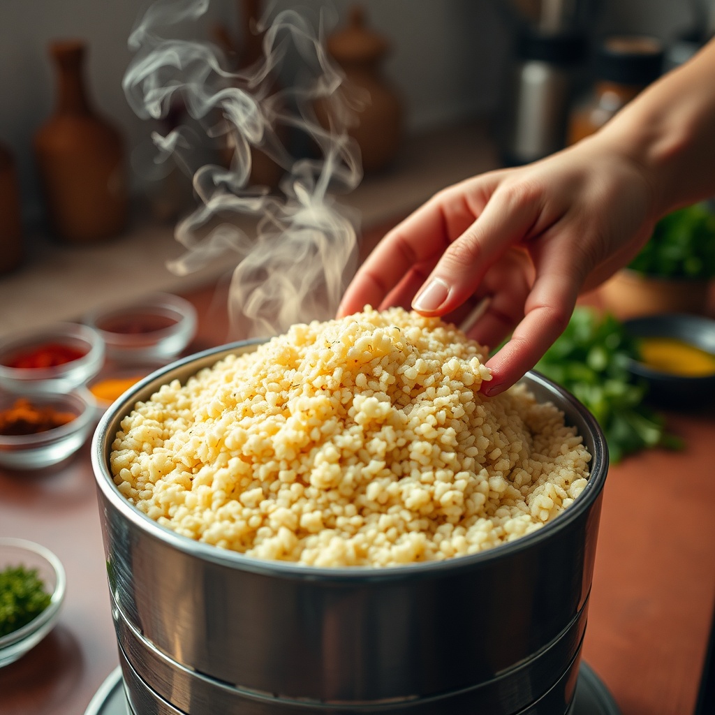 Hands fluffing freshly steamed Moroccan couscous comfort food in a traditional metal steamer, highlighting the authentic hand-rolling and cooking techniques that create its signature airy texture.