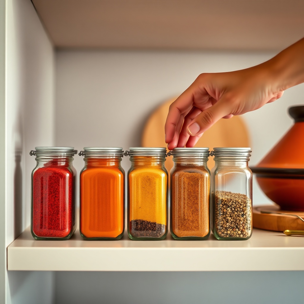 An organized kitchen shelf displaying glass jars of essential Moroccan spices, showcasing proper storage and organization for a comprehensive spice collection.