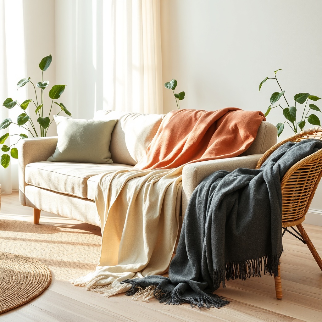 Sunlit living space styled with diverse organic fiber throws, illustrating how the best handwoven blankets blend ethical production, material diversity, and timeless home décor.