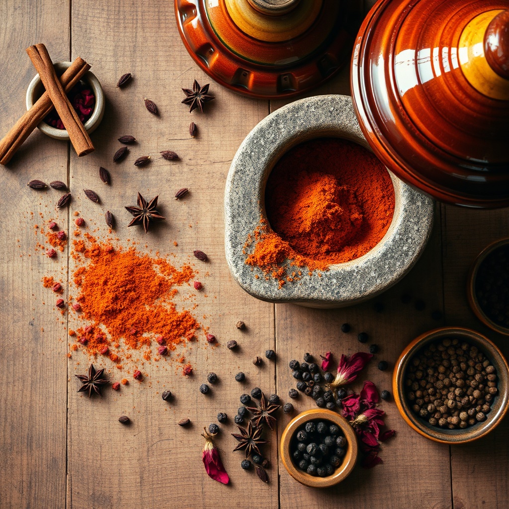 Freshly ground Moroccan spice blend with cinnamon, cumin, paprika, smoked pepper, and rose petals beside a traditional tagine