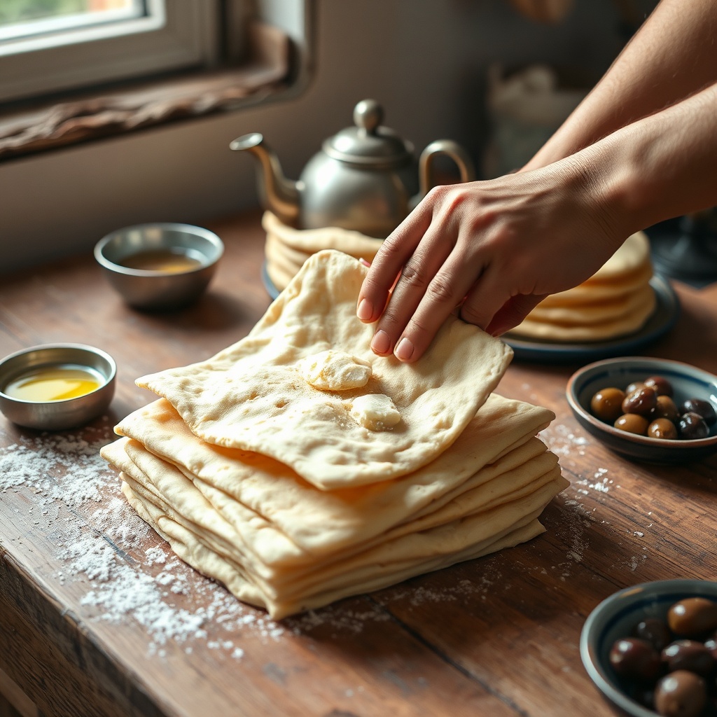 Hands folding msemen dough for Moroccan breakfast recipes with olive oil and mint tea in a rustic kitchen