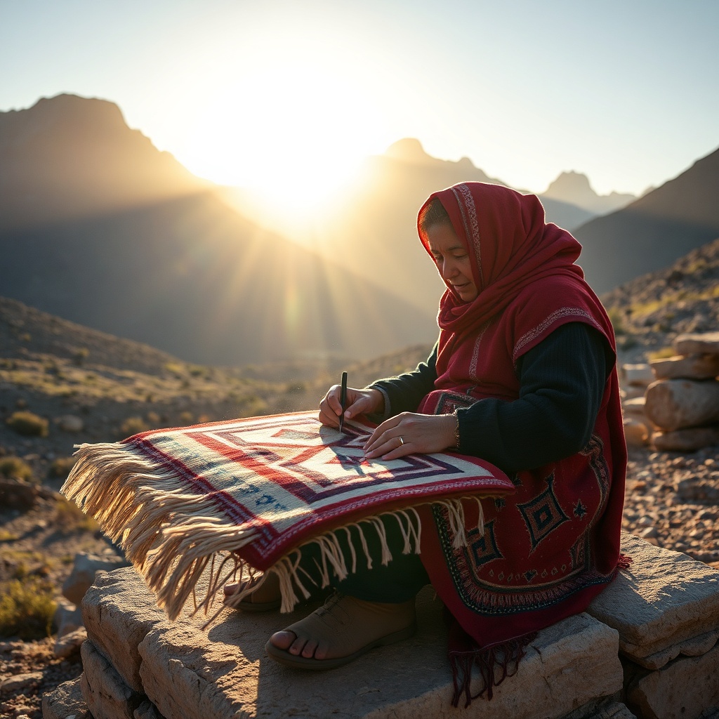 Berber artisan weaving authentic Moroccan blankets on a traditional loom in the Atlas Mountains, highlighting handcrafted quality and vibrant geometric designs.
