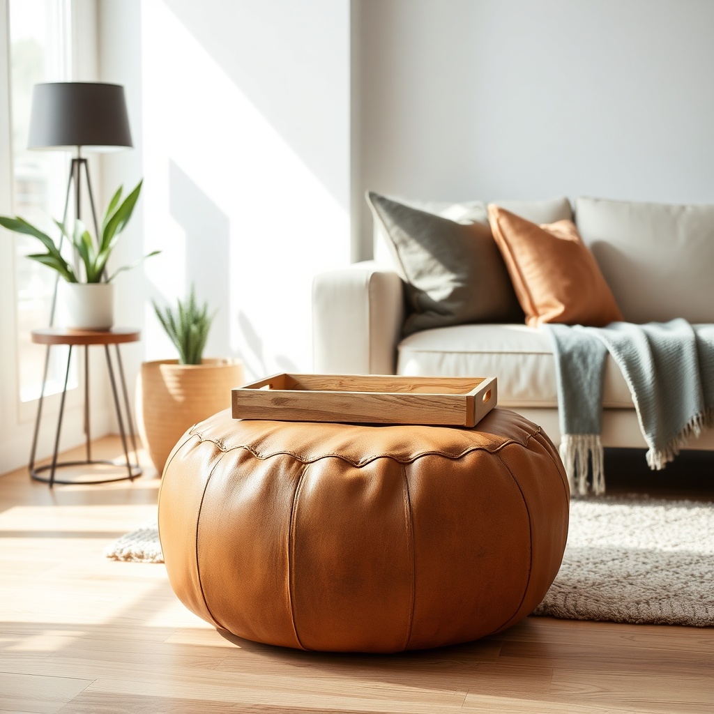 A versatile Moroccan leather pouf styled as a footrest and side table in a modern living room. This round leather ottoman features traditional hand-stitching and serves as a functional accent, illustrating how a Moroccan leather pouf adds character and utility to contemporary home decor.