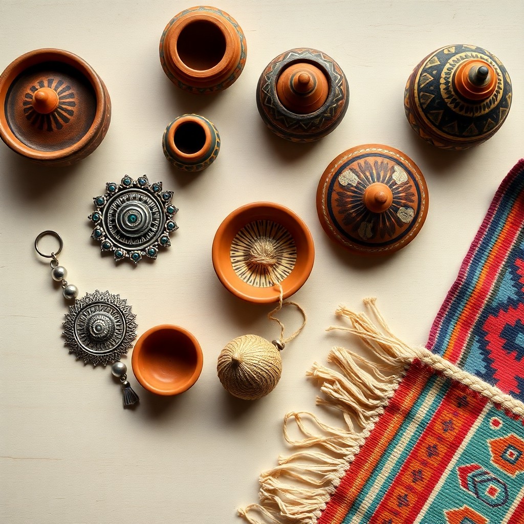 Diverse collection of traditional Berber crafts, including silver jewelry, hand-painted pottery, woven baskets, and a kilim rug, representing Moroccan cultural heritage and craftsmanship.
