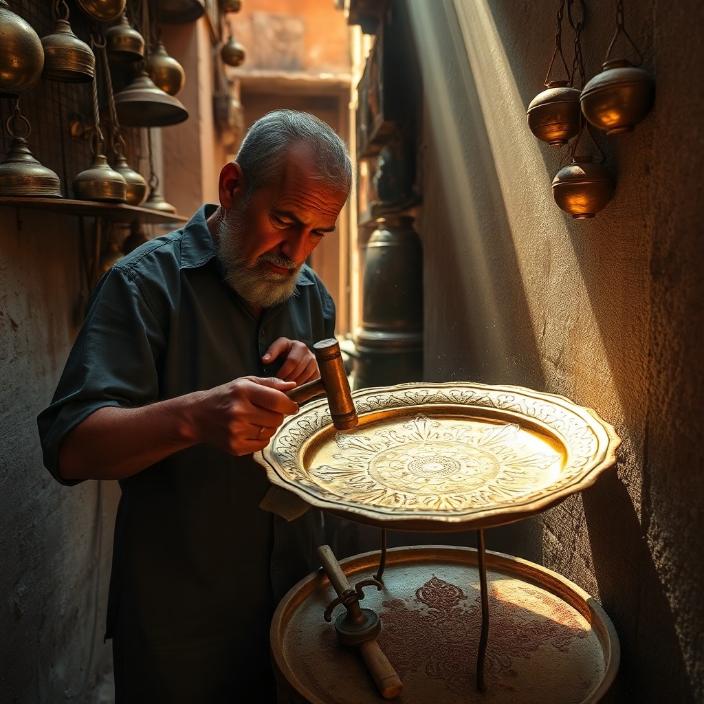 Moroccan metalsmith tapping intricate filigree into a brass tray in a Marrakech souk alley