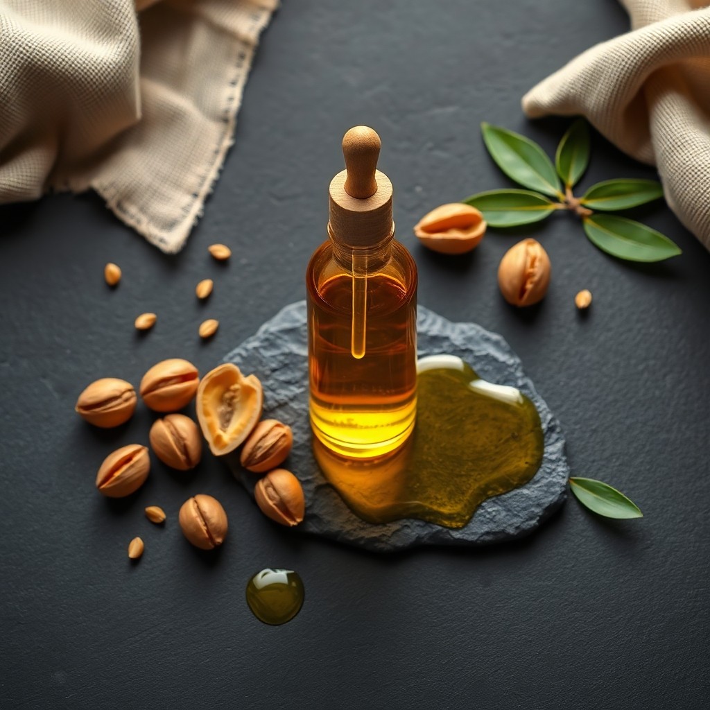 Bottle of pure Moroccan argan oil with raw argan nuts and leaves on dark slate